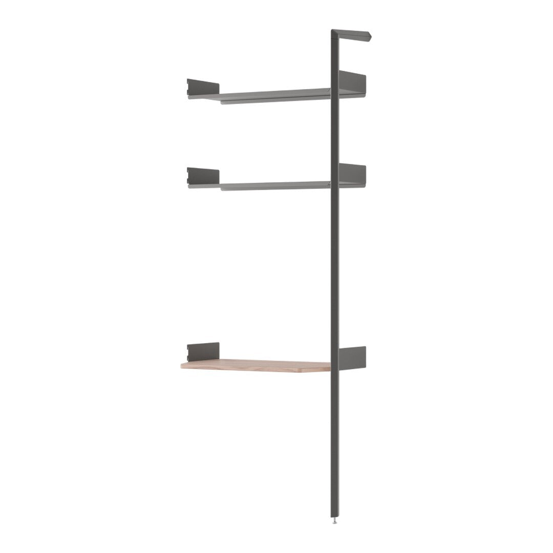 Metallic gray frame with wooden shelf in a minimalistic design, perfect for modern decor.