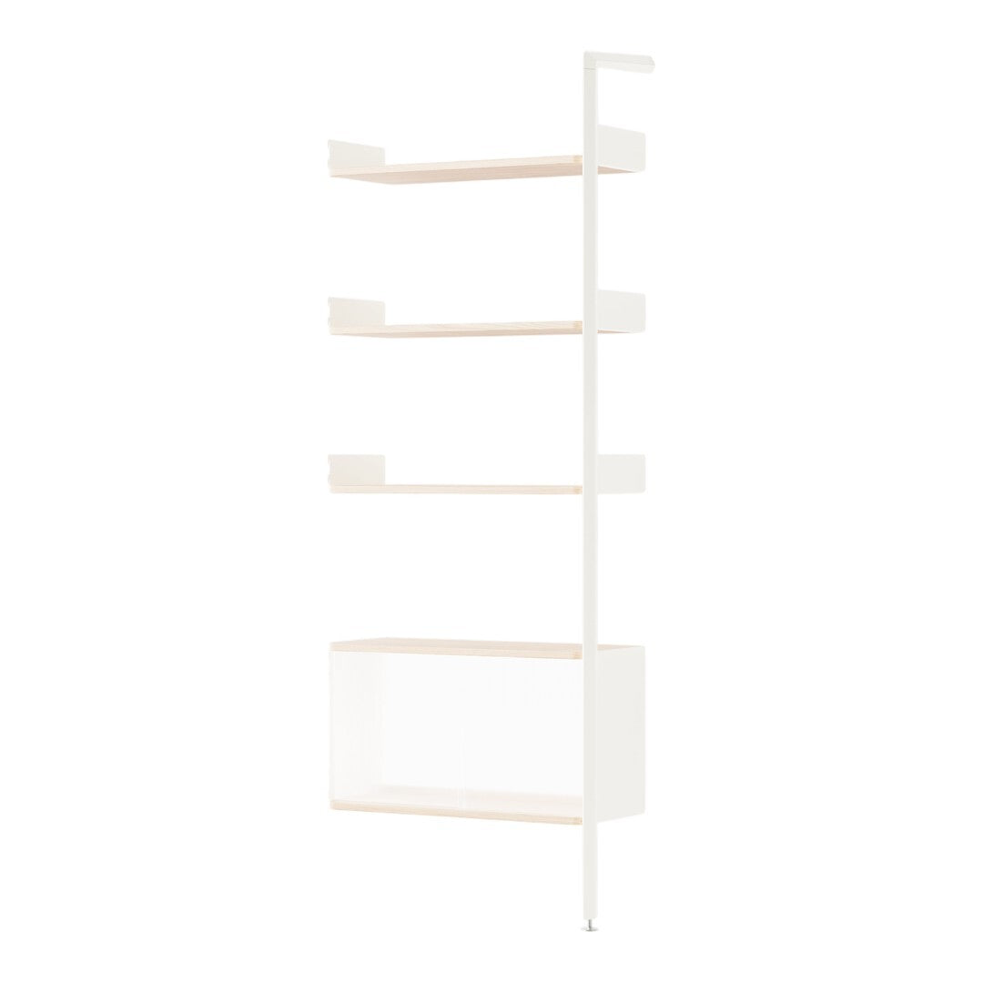 Minimalist white shelving unit with light wood accents and sleek, modern design. Perfect for contemporary spaces.