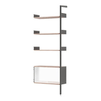 Modern shelving unit featuring light wood shelves and a sleek dark metal frame, perfect for contemporary decor.