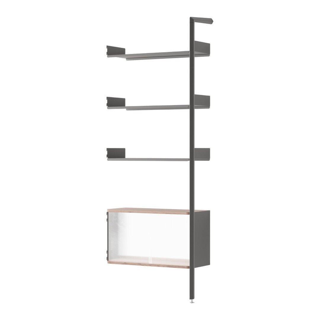 Modern gray shelving unit with wooden accents and sleek lines, ideal for contemporary home decor.