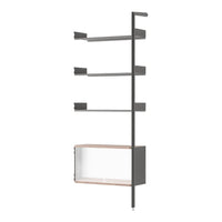 Modern gray shelving unit with wooden accents and sleek lines, ideal for contemporary home decor.