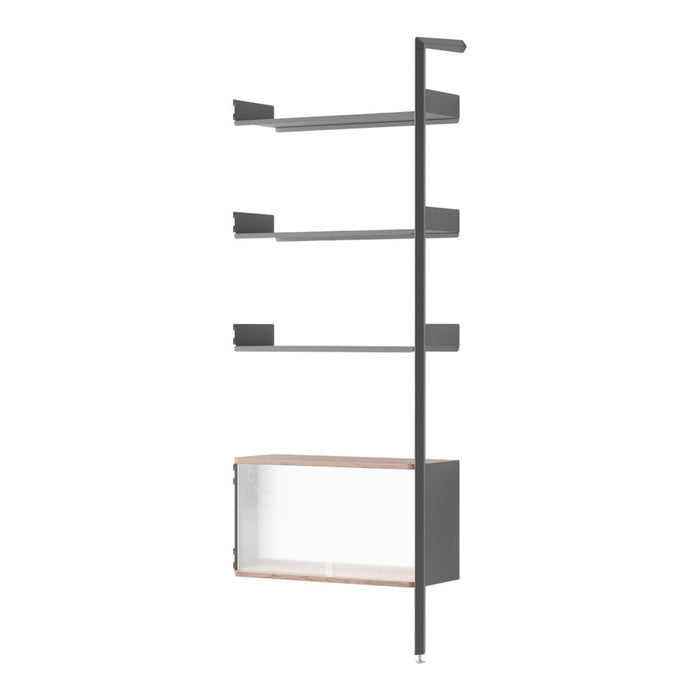 Modern gray shelving unit with wooden accents and sleek lines, ideal for contemporary home decor.