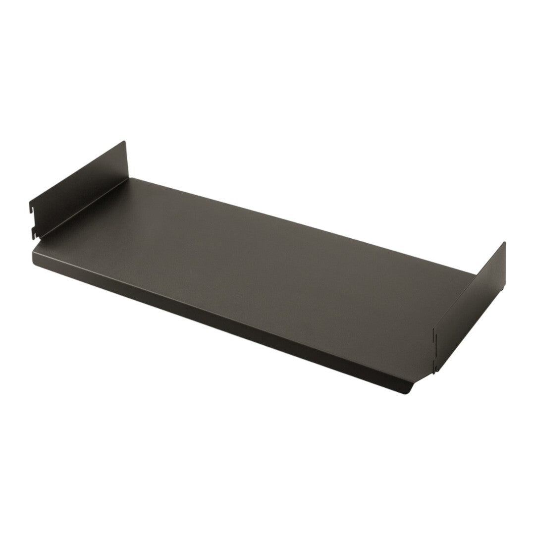 Dark gray metal storage shelf with a smooth finish and minimalist design. Ideal for organizing spaces.