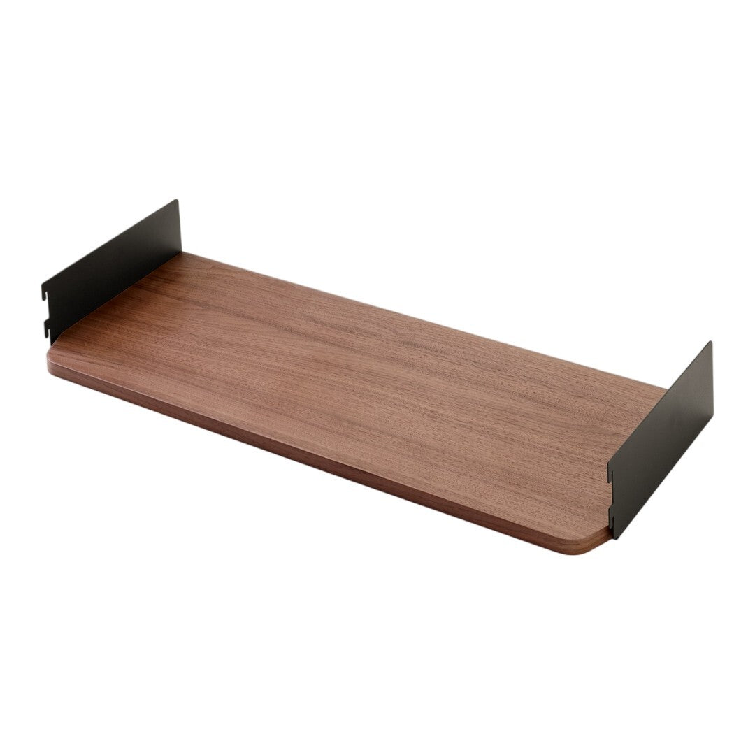 Brown wood shelf with a smooth finish and black metal brackets for modern decor. Ideal for stylish storage solutions.