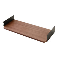 Brown wood shelf with a smooth finish and black metal brackets for modern decor. Ideal for stylish storage solutions.