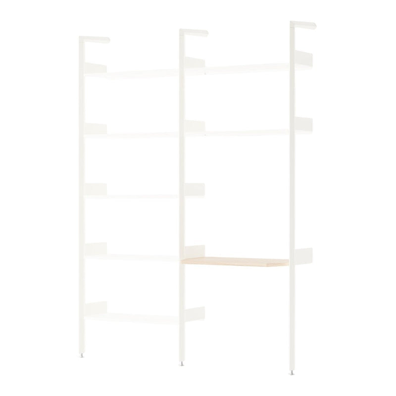 Modern shelving unit with white metal frame and light wood shelf. Clean lines and minimalist design.