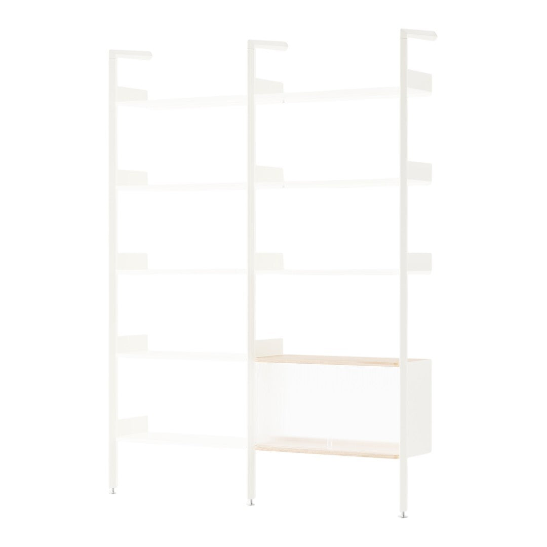 Modern white shelving unit with light wood accents, featuring a minimalist design and sleek lines.