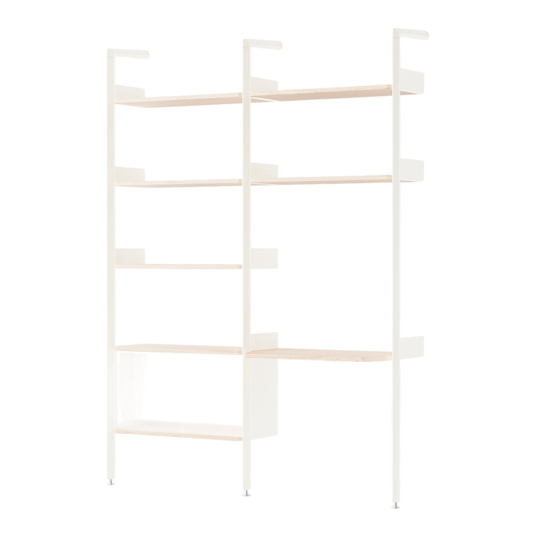 White shelving unit with light wooden shelves featuring a minimalist design and clean lines. Perfect for modern decor.