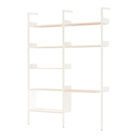 White shelving unit with light wooden shelves featuring a minimalist design and clean lines. Perfect for modern decor.