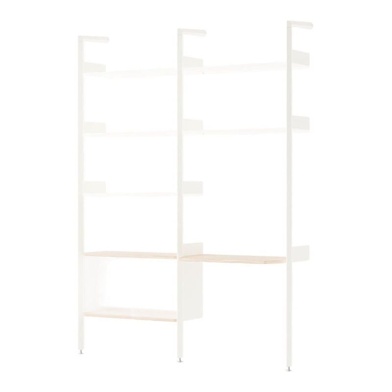 Modern white shelving unit with natural wood accents, featuring a sleek, minimalist design and clean lines.