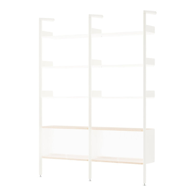 White shelving unit with light wood shelves, featuring a sleek, modern design and minimalistic style.