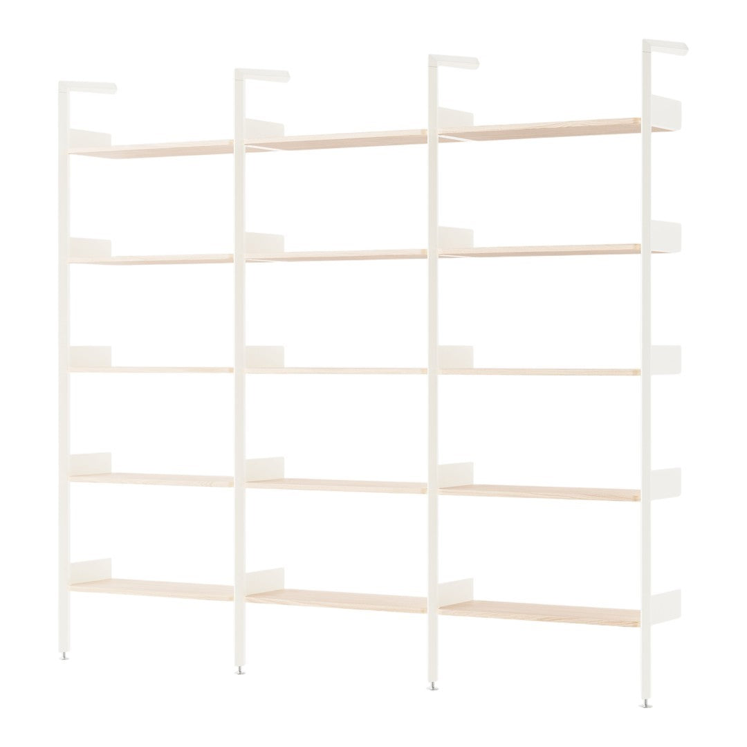 White shelving unit with light wood shelves, featuring a minimalist design and clean lines. Perfect for modern spaces.