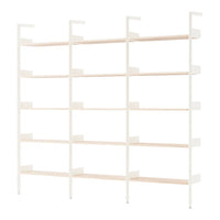 White shelving unit with light wood shelves, featuring a minimalist design and clean lines. Perfect for modern spaces.