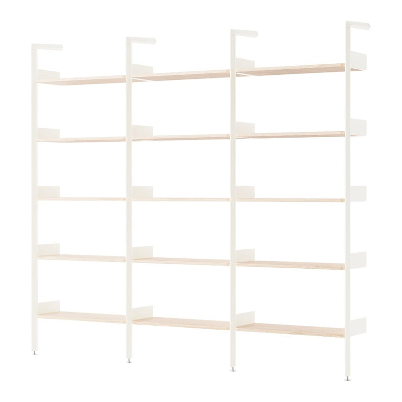 White shelving unit with light wood shelves, featuring a minimalist design and clean lines. Perfect for modern spaces.