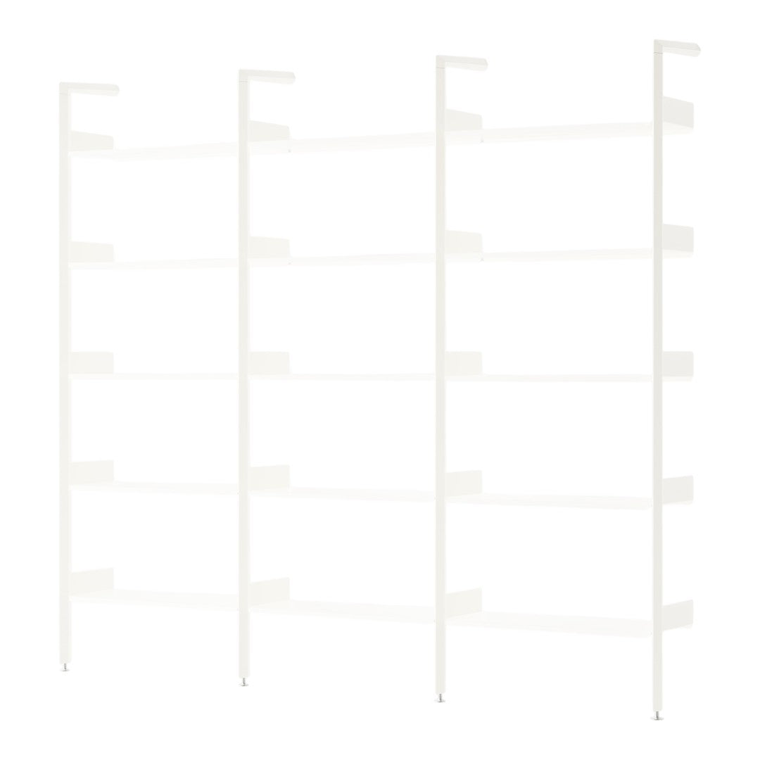 White shelving unit with a minimalist design and sleek lines, featuring multiple spacious shelves.