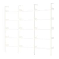 White shelving unit with a minimalist design and sleek lines, featuring multiple spacious shelves.