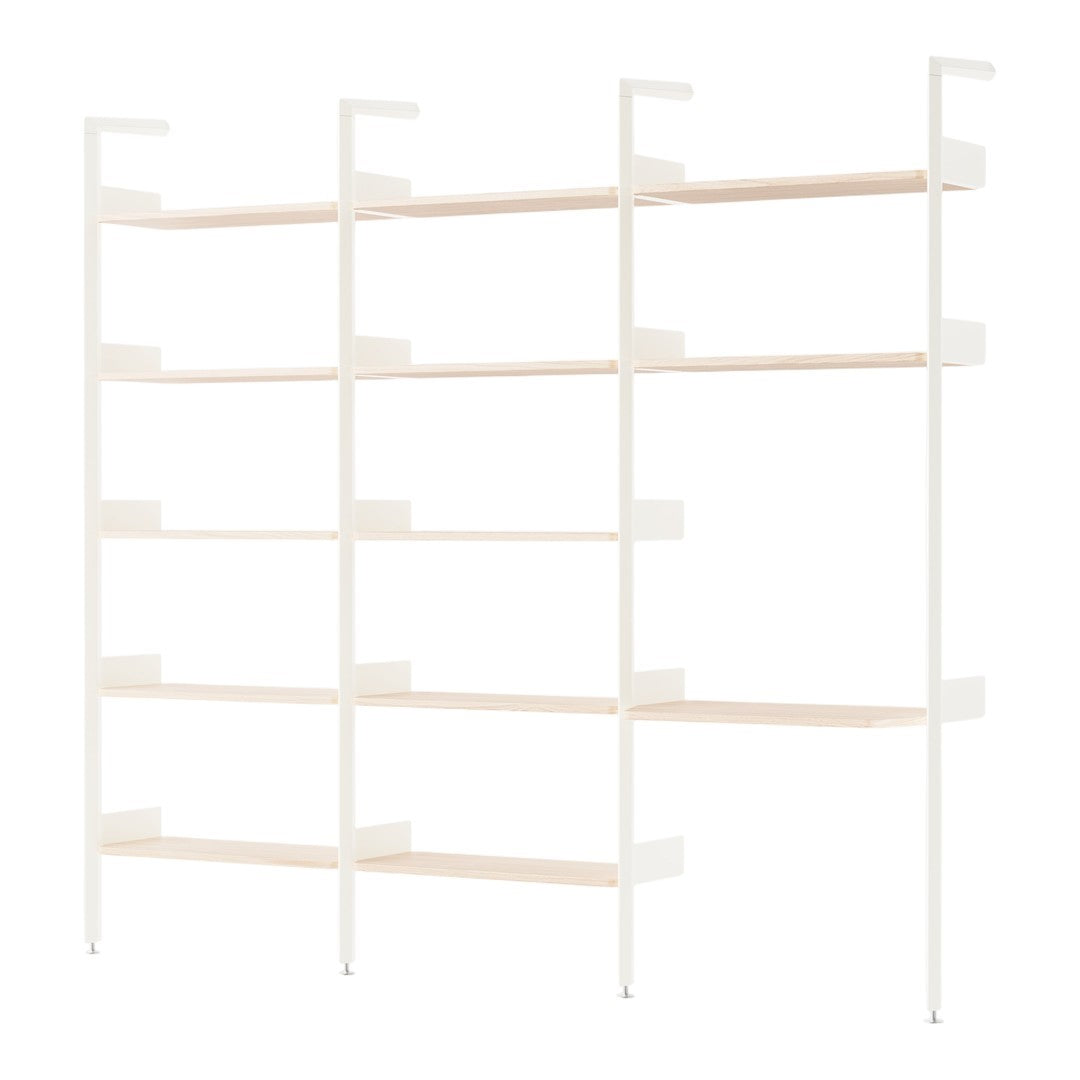 Minimalist white shelving unit with light wooden shelves, featuring a clean and modern design for any decor.