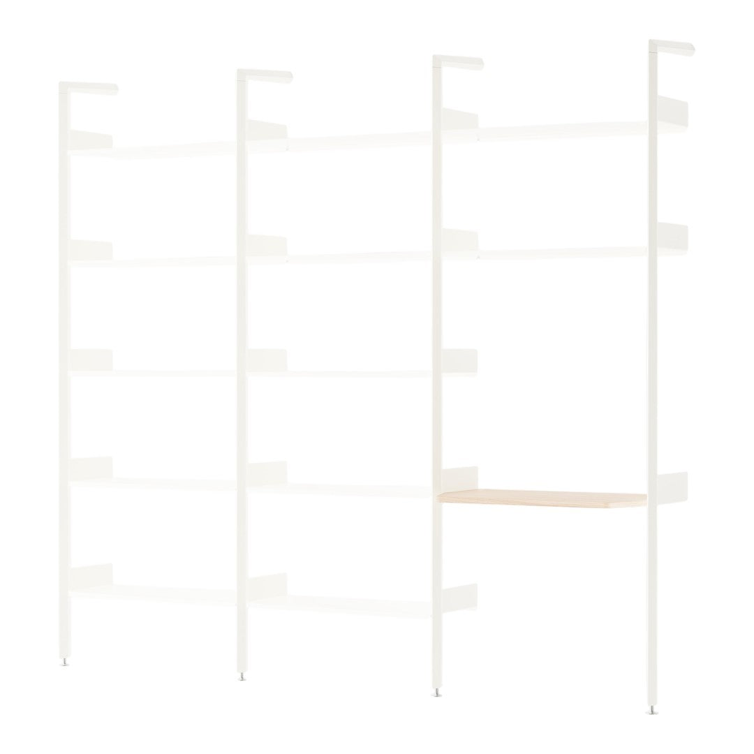 White shelving unit with natural wood accents, featuring a minimalist design and clean lines. Ideal for modern spaces.