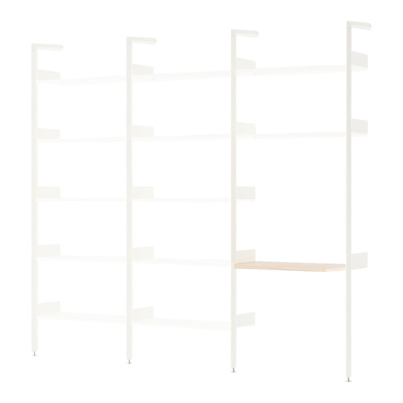 White shelving unit with natural wood accents, featuring a minimalist design and clean lines. Ideal for modern spaces.