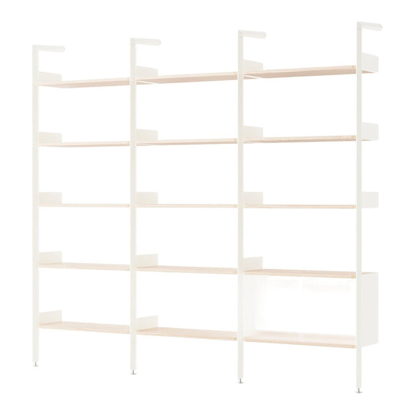 White shelving unit with light wood shelves, featuring a clean, modern design and minimalist aesthetic.
