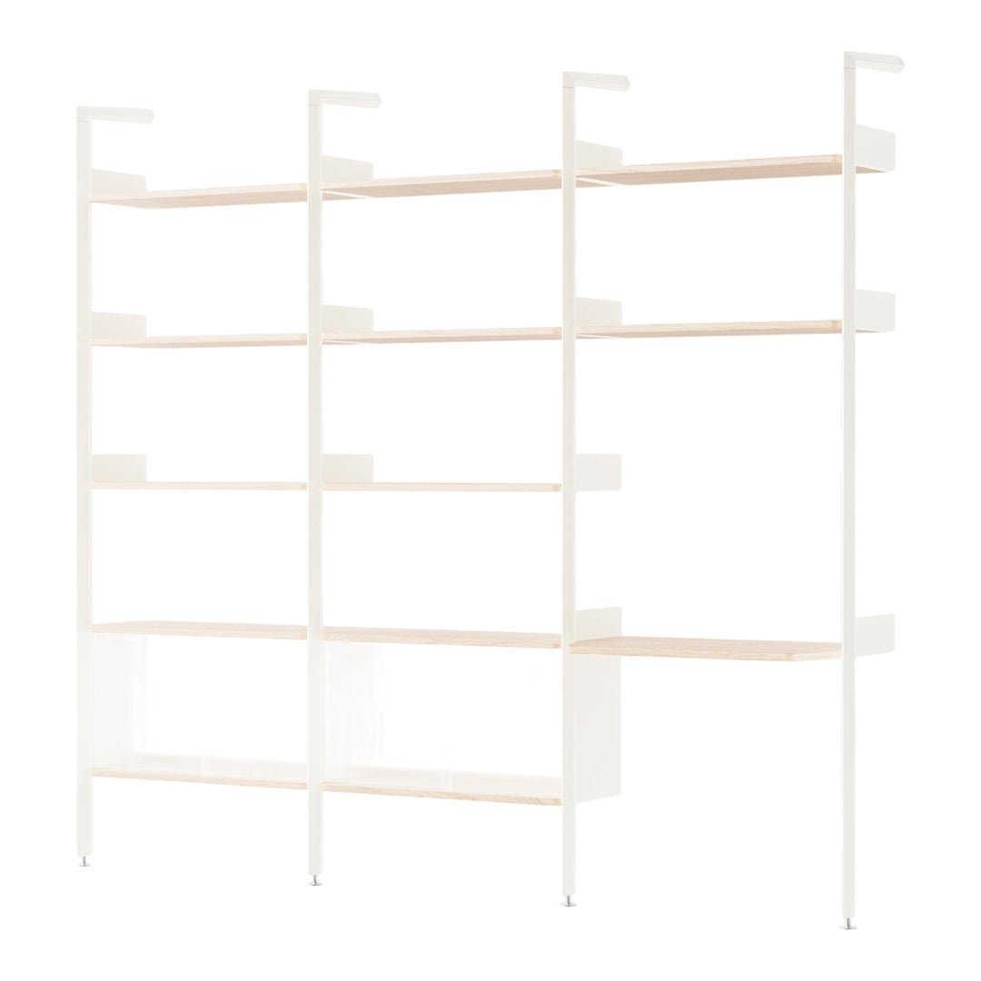 Modern white shelving unit with light wood shelves, featuring a clean, minimalist design and smooth, sleek lines.