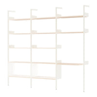 Modern white shelving unit with light wood shelves, featuring a clean, minimalist design and smooth, sleek lines.