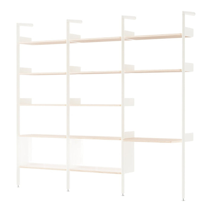 Modern white shelving unit with light wood shelves, featuring a clean, minimalist design and smooth, sleek lines.