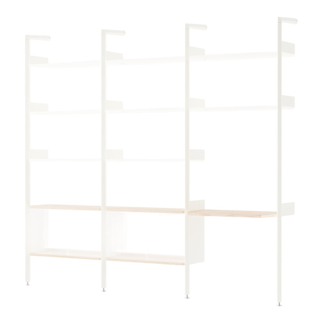 White metal shelving unit with light wood shelves, featuring a clean, modern design and minimalistic aesthetic.