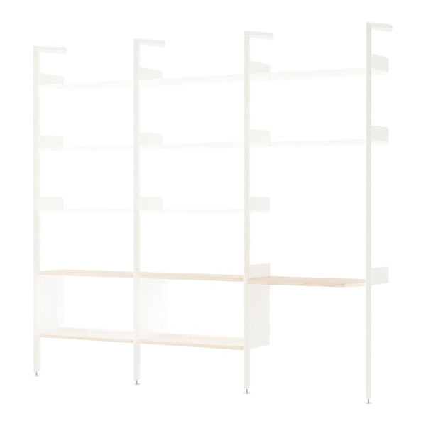 White metal shelving unit with light wood shelves, featuring a clean, modern design and minimalistic aesthetic.