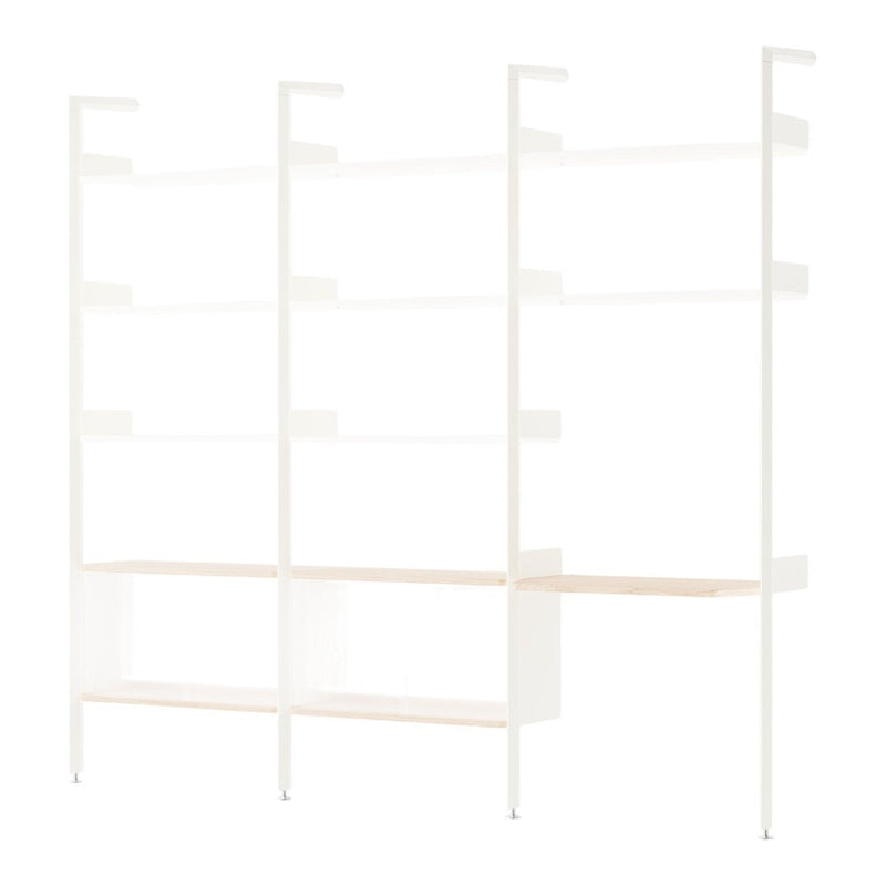 White metal shelving unit with light wood shelves, featuring a clean, modern design and minimalistic aesthetic.