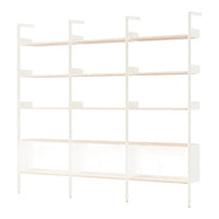 Modern white shelving unit with light wood accents and an open design, perfect for any contemporary home decor.