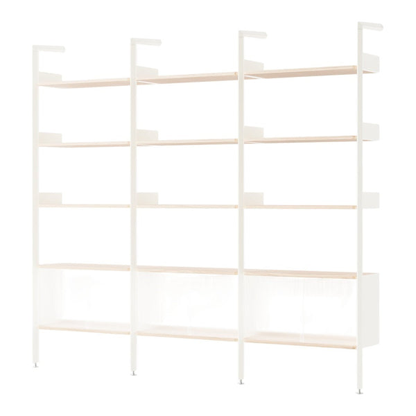 Modern white shelving unit with light wood accents and an open design, perfect for any contemporary home decor.