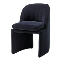 Dark navy blue upholstered chair with sleek, smooth lines and subtle vertical patterns. Ideal for modern decor.