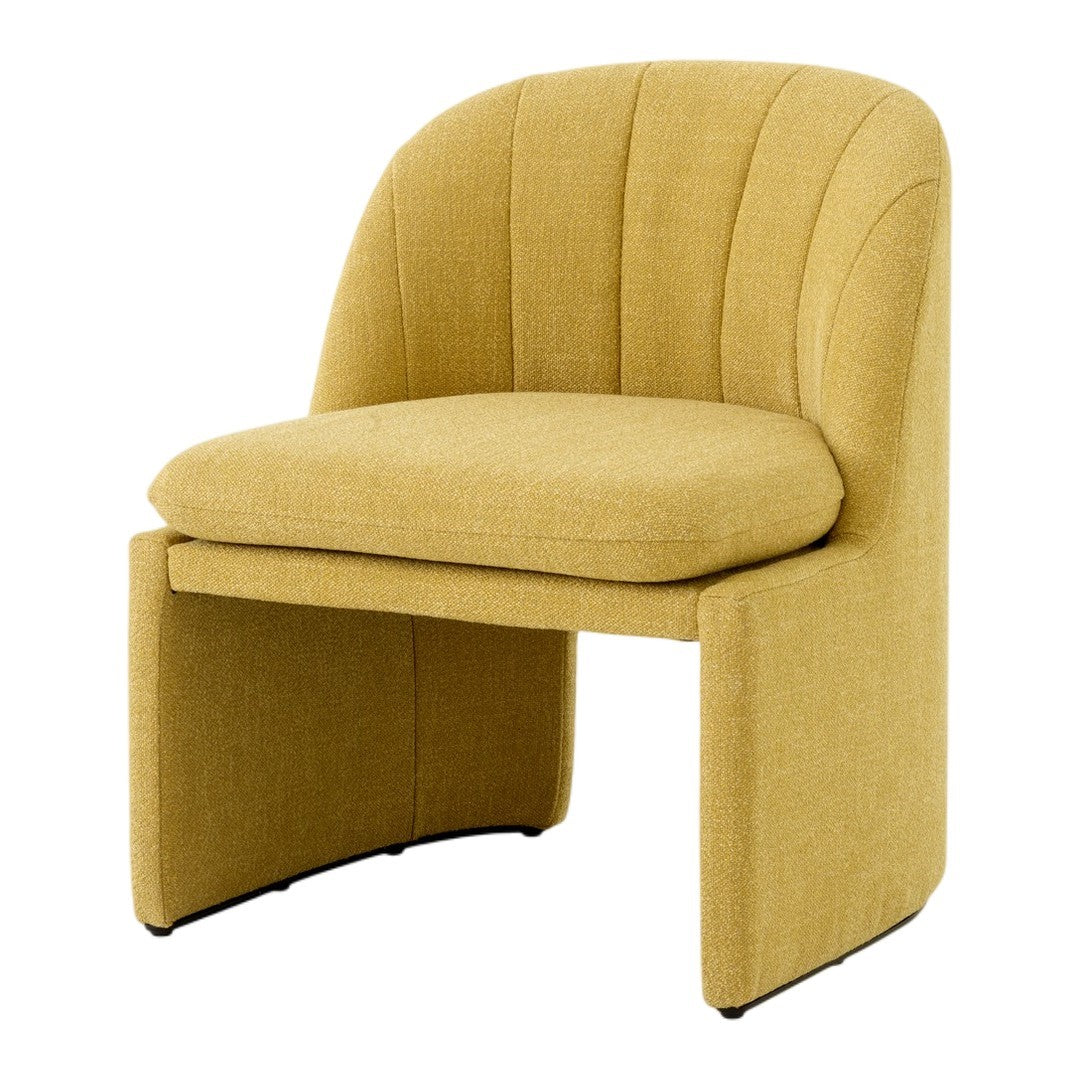 Stylish yellow upholstered chair with a textured finish and subtle vertical stripes for modern decor.