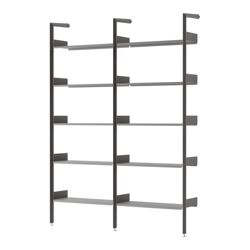 Modern gray shelving unit with sleek lines and spacious shelves, perfect for any contemporary decor.