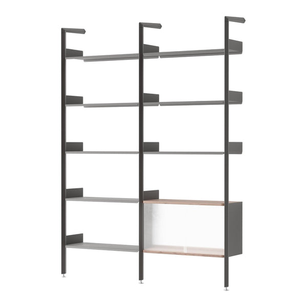 Modern black shelving unit with a wooden accent and glass bottom shelf, featuring sleek lines and minimalist design.
