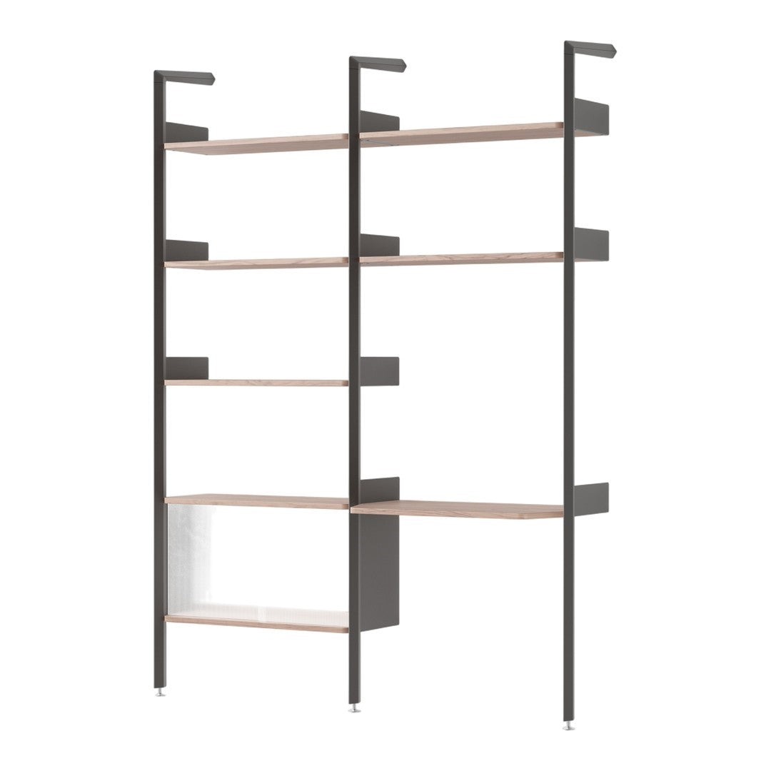 Black metal frame with light wood shelves and a transparent glass accent, showcasing a modern, minimalist design.