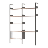 Black metal frame with light wood shelves and a transparent glass accent, showcasing a modern, minimalist design.