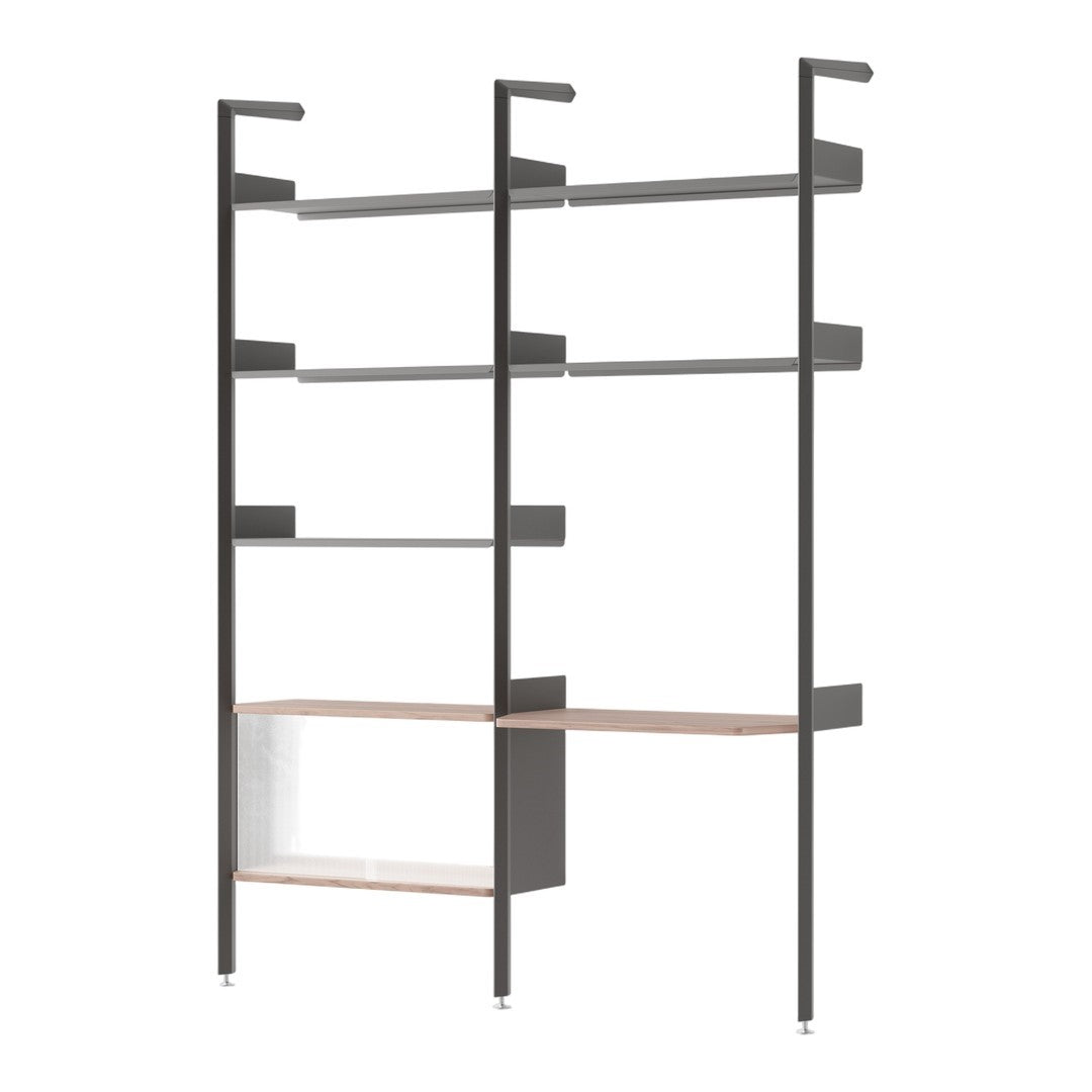 Modern black metal shelving unit with light wood accents and sleek minimalist design. Perfect for contemporary spaces.