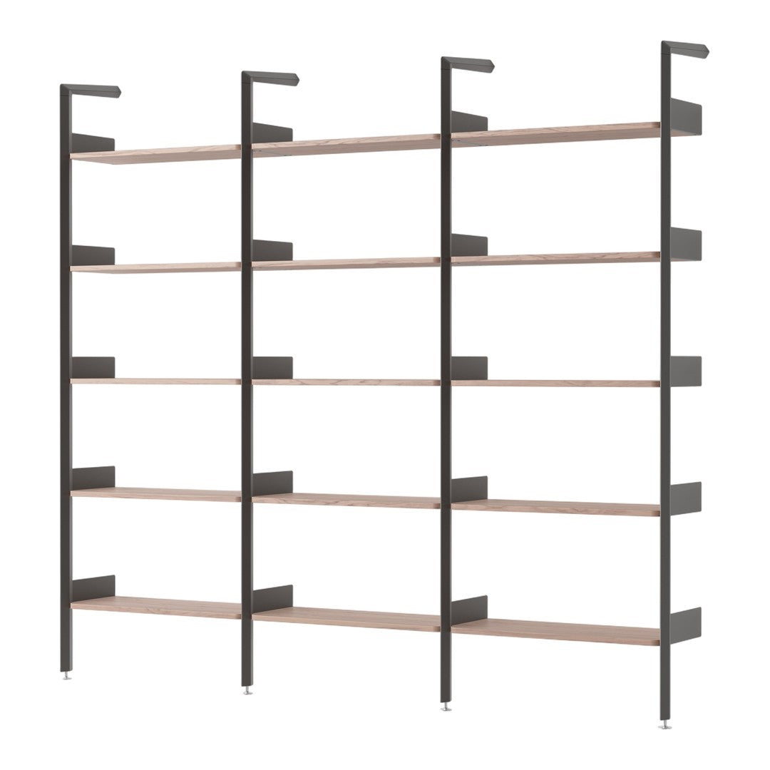 Modern shelving unit with dark metal frames and light wood shelves, featuring a sleek industrial design.