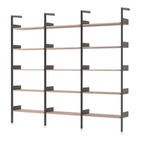 Modern shelving unit with dark metal frames and light wood shelves, featuring a sleek industrial design.