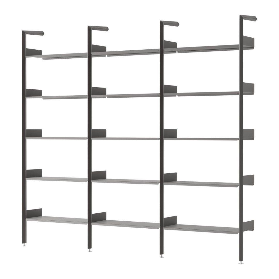 Modern four-tier bookshelf in sleek matte black with minimalistic gray shelves and elegant lines. Perfect for any decor.