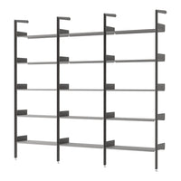 Modern four-tier bookshelf in sleek matte black with minimalistic gray shelves and elegant lines. Perfect for any decor.