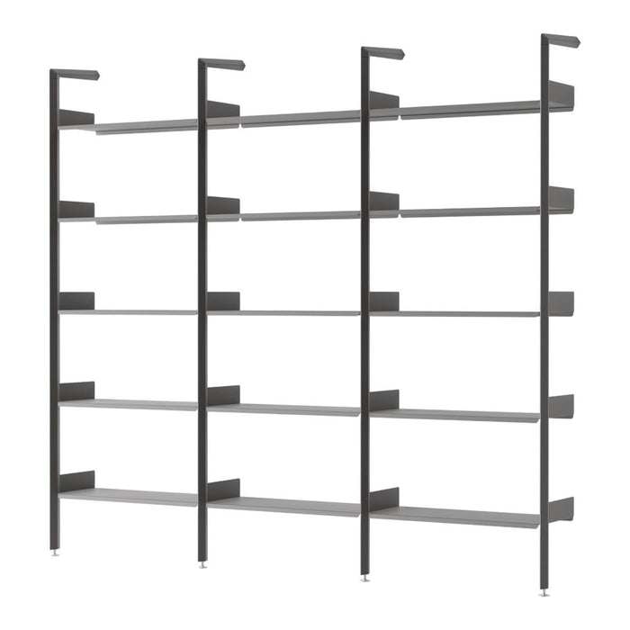Modern four-tier bookshelf in sleek matte black with minimalistic gray shelves and elegant lines. Perfect for any decor.