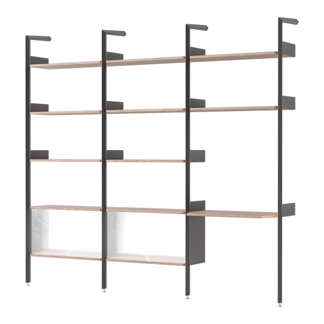 Black metal frame with light wood shelves and minimalist design, offering a modern, stylish storage solution.