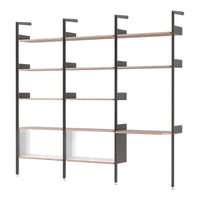 Black metal frame with light wood shelves and minimalist design, offering a modern, stylish storage solution.