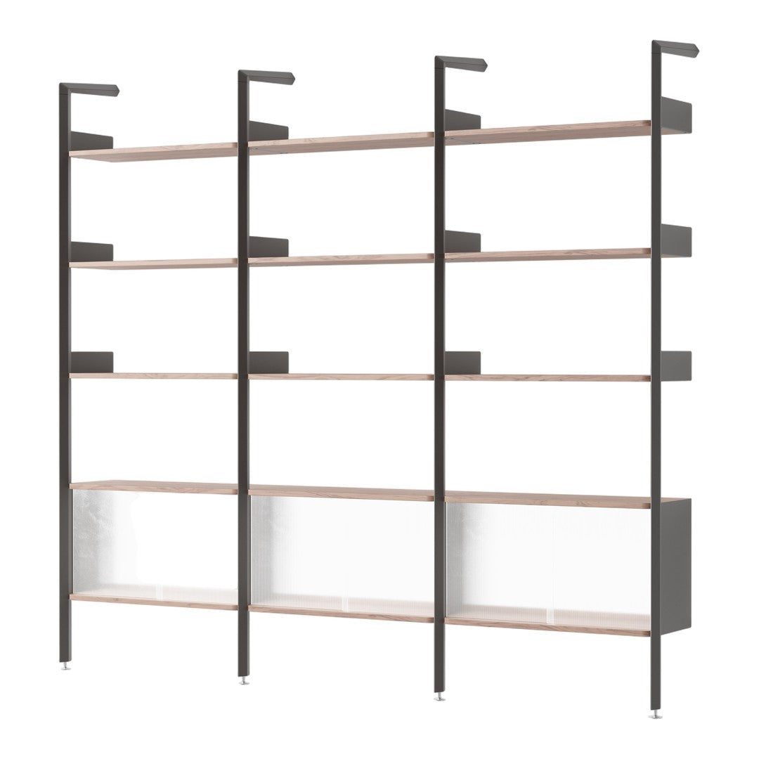 Modern black shelving unit with wooden shelves and transparent panels, featuring a sleek, minimalist design.