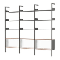 Modern open shelving unit with black metal frame, warm wood accents, and clear glass side panels. Perfect for any space.