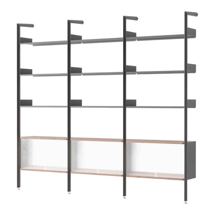 Modern open shelving unit with black metal frame, warm wood accents, and clear glass side panels. Perfect for any space.