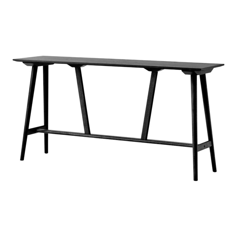 Black console table with sleek, minimalist design and angular legs, perfect for modern decor.